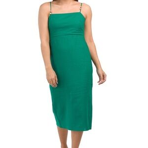 Rachel Zoe Green Linen Blend Square Neck Midi Dress with Wooden Beads Size M